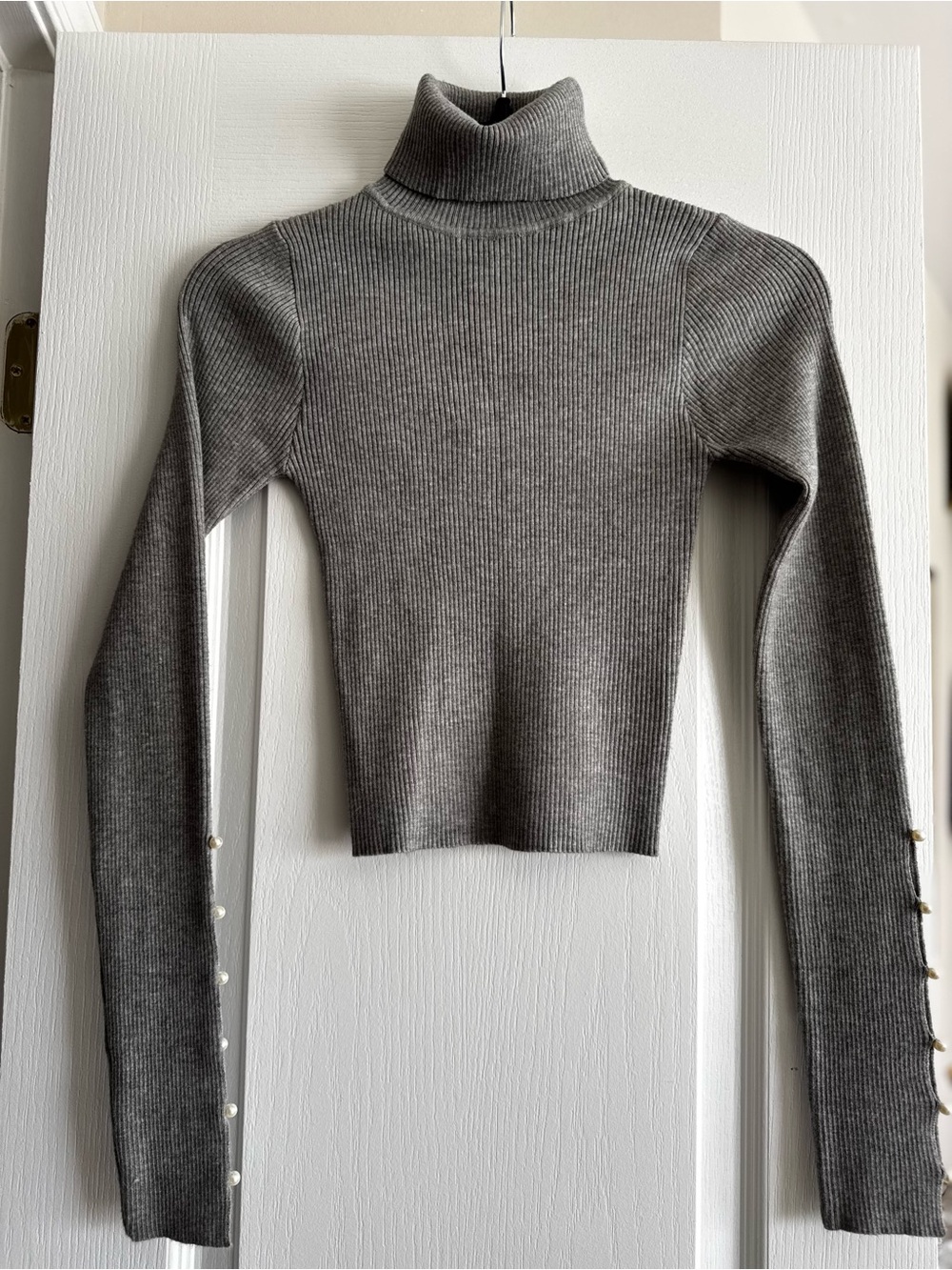 Love Tree Gray Ribbed Turtleneck Sweater with Pearl Sleeve Buttons